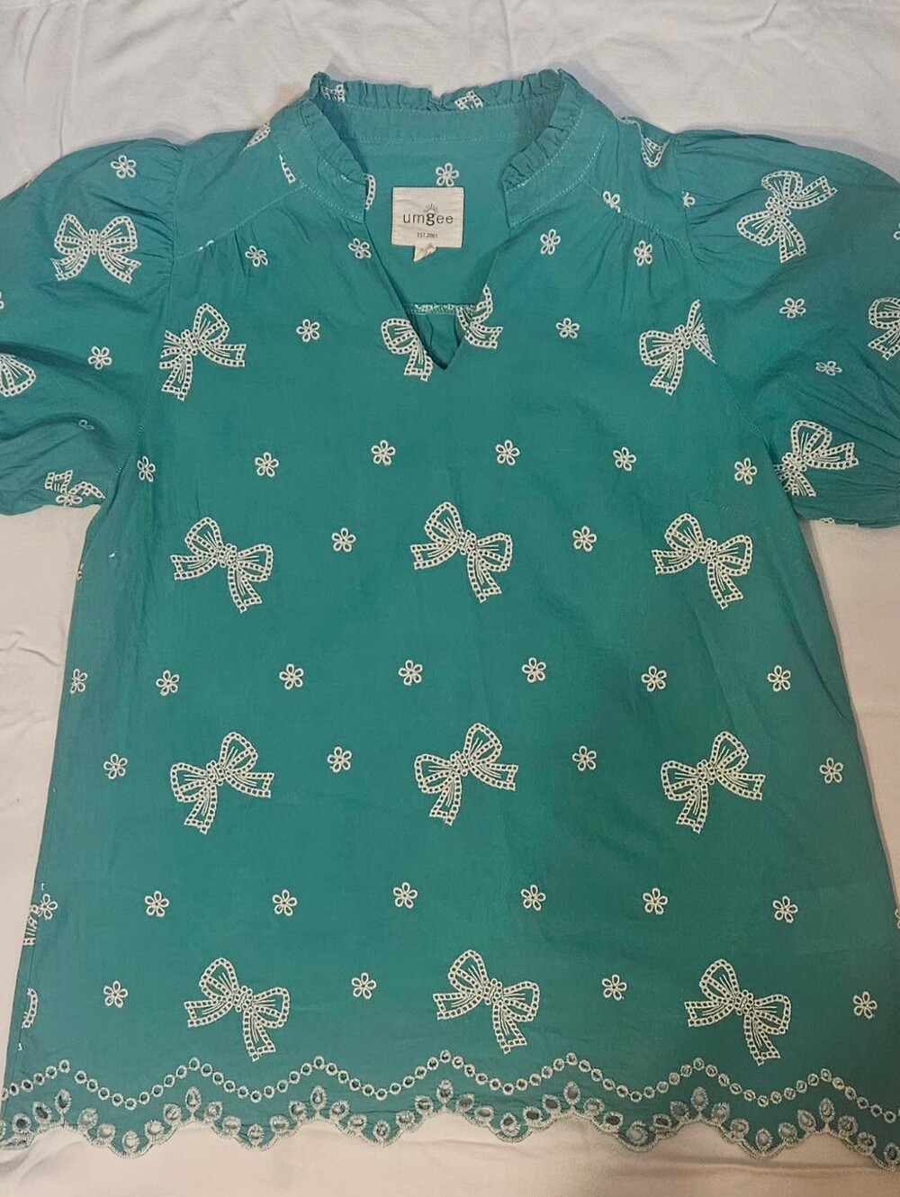 Umgee Teal Bow Embroidered Short Sleeve Top
